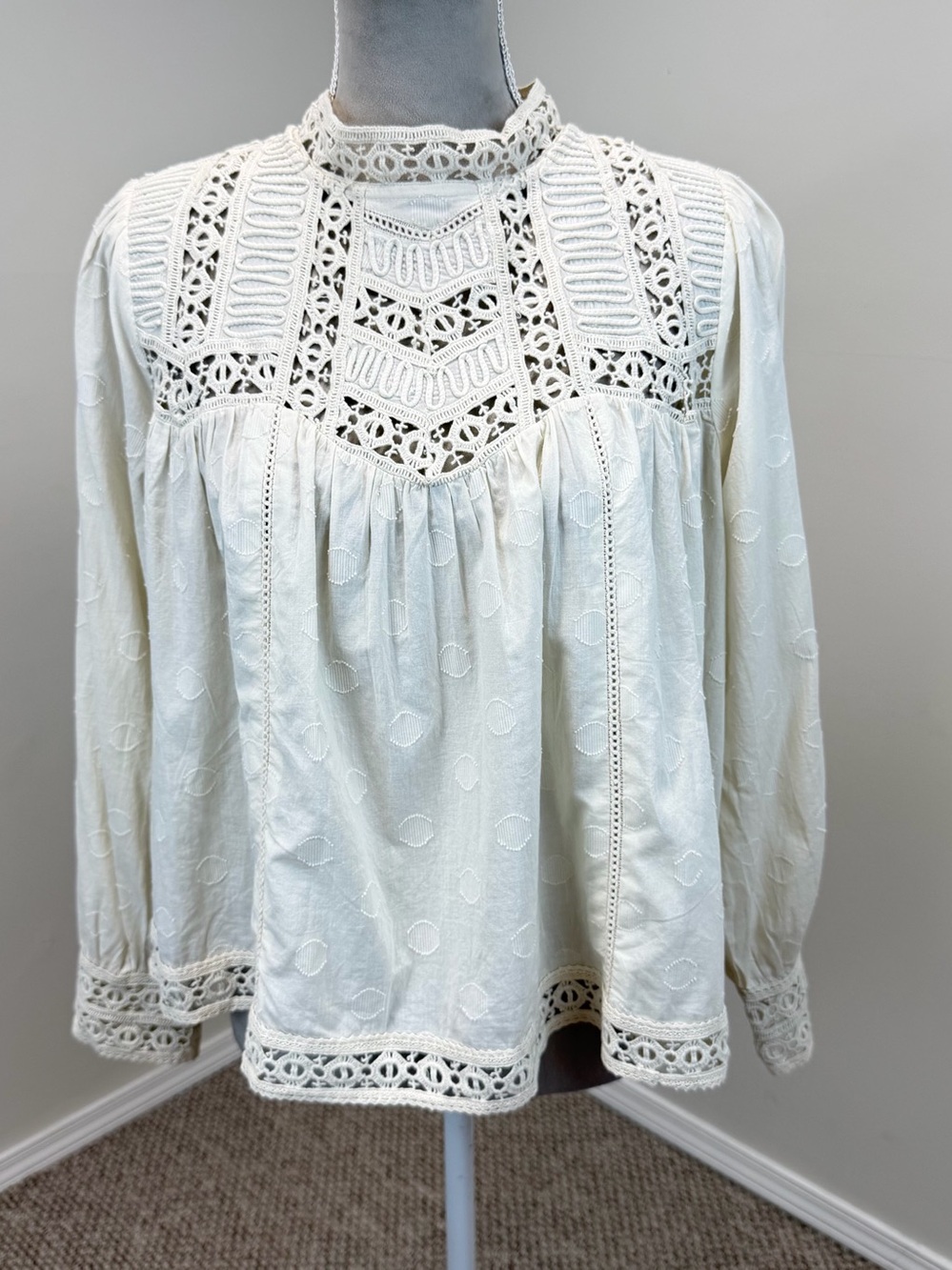 JENNIFER & GRACE Victorian Blouse M Crochet Lace Pintuck White Cotton Babydoll